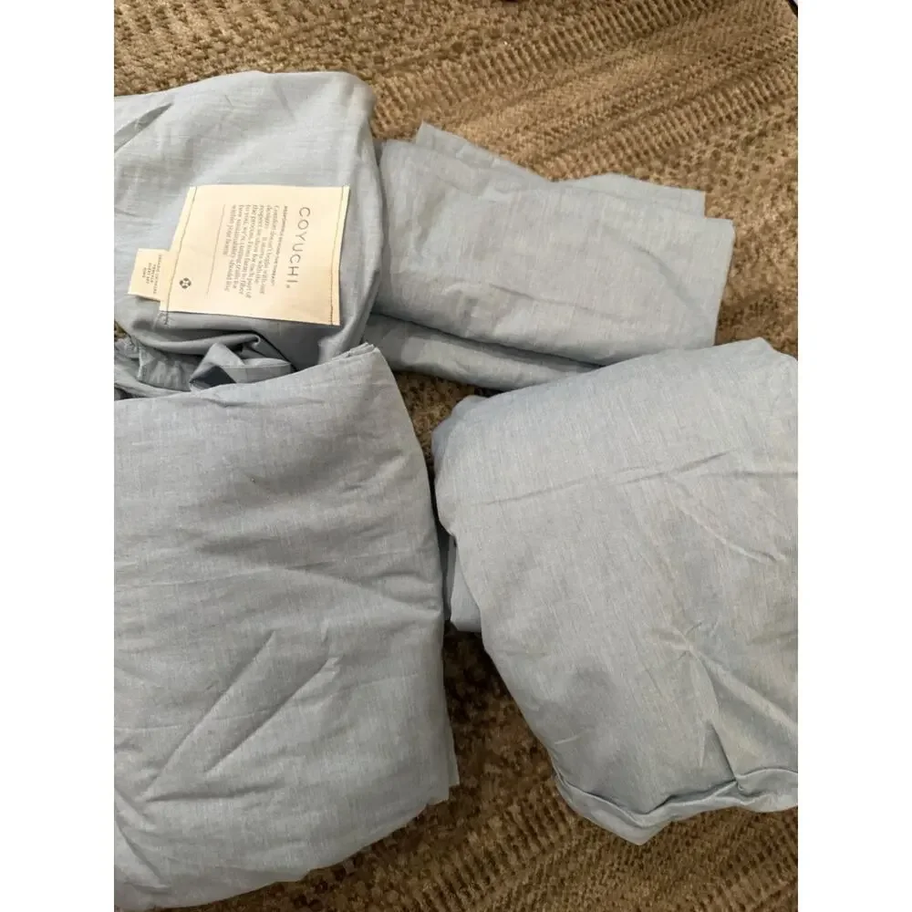 Coyuchi Organic Crinkled Percale Sheet Set 4 Piece King Surf Chambray Blue NWT